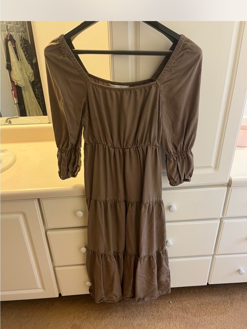 Square Neck Tiered Midi Dress in Taupe